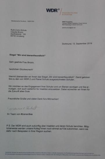 Auszeichnung WDR Bienenfreundlich